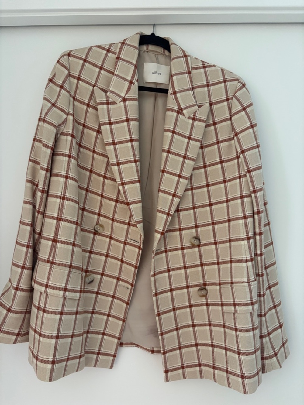 Aritzia Cream and Brown Plaid Double-Breasted Blazer